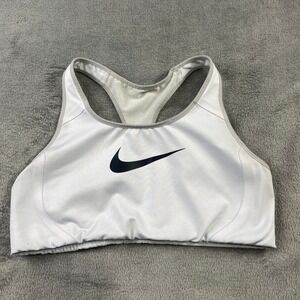 Nike Dri Fit Racerback Sports Bra White Black Swoosh Women's Size Large Gym Yoga